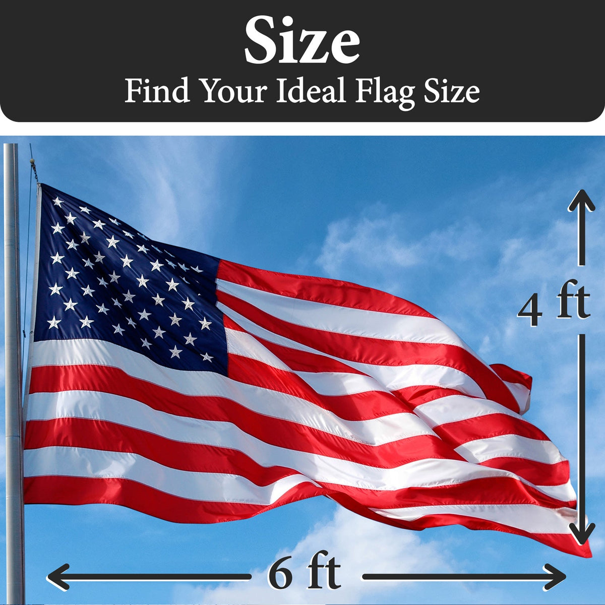 American flag sizes for house: 4x6 ft Everlast spun polyester flag flying on a yard pole